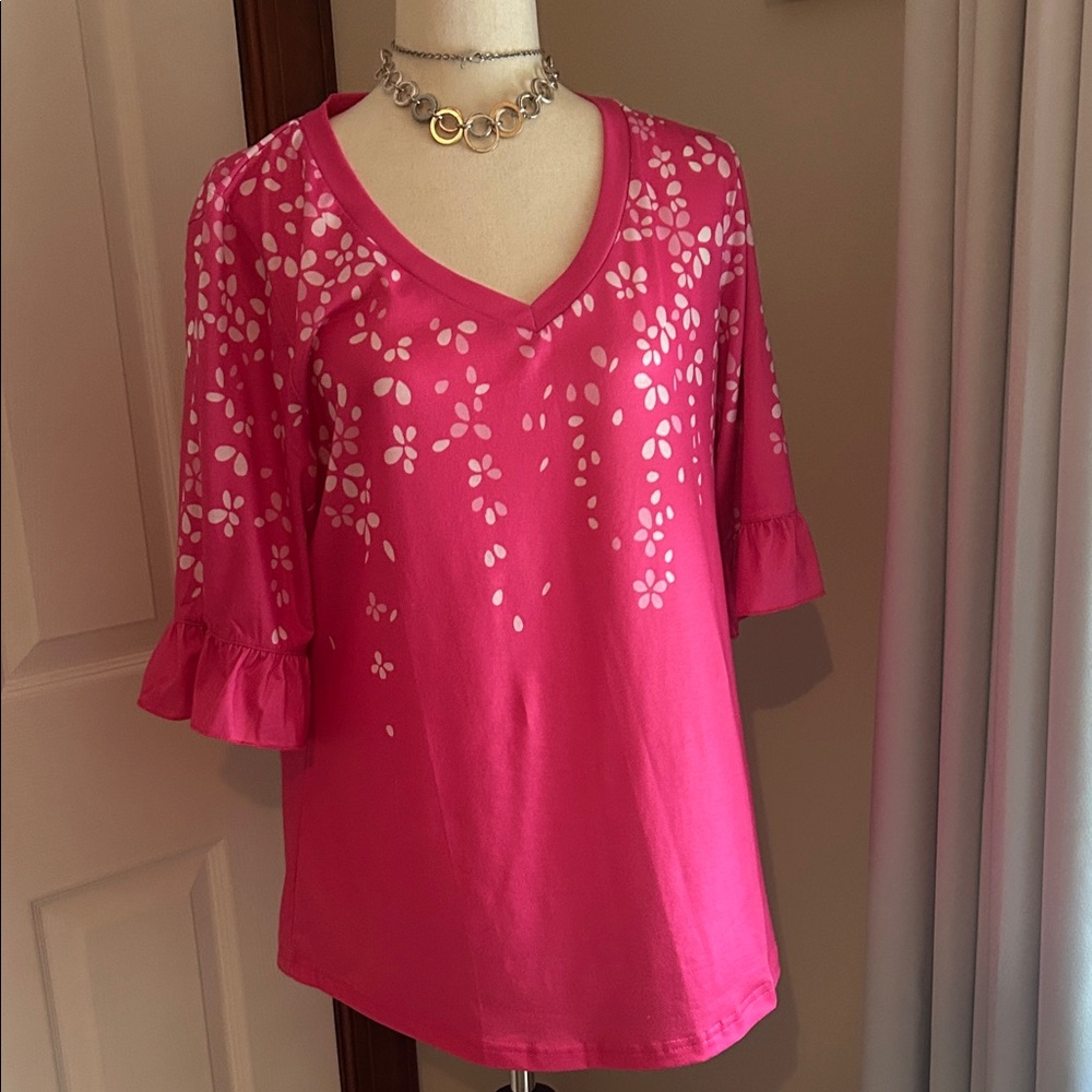Zeagoo Pink Floral Blouse with Ruffle Sleeves